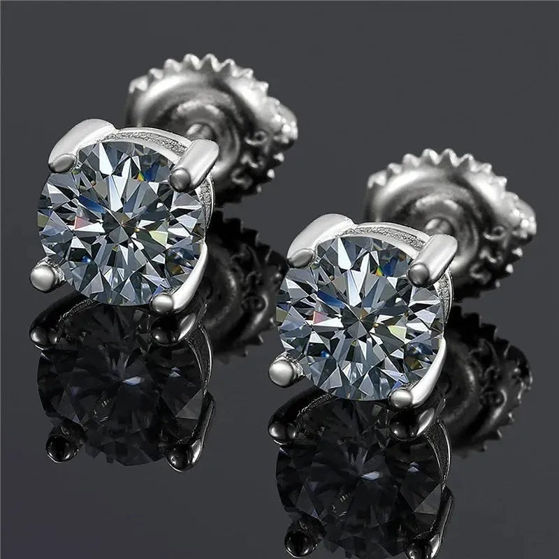 Sterling silver screw back moissanite stud earrings with geometric four claw setting