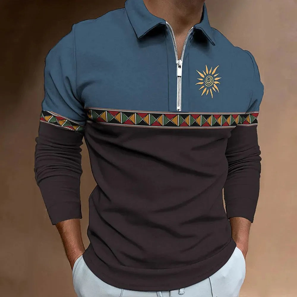 Men's retro printed striped golf t-shirt with long sleeves and loose fit in polyester fabric