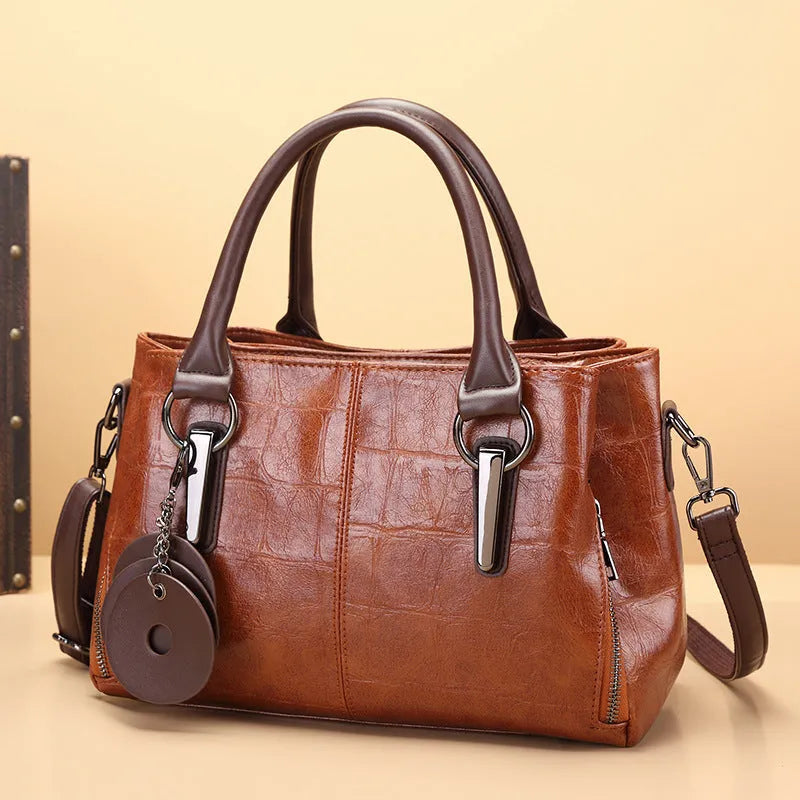 Large horizontal square PU shoulder bag with contrasting stitching and multiple internal compartments