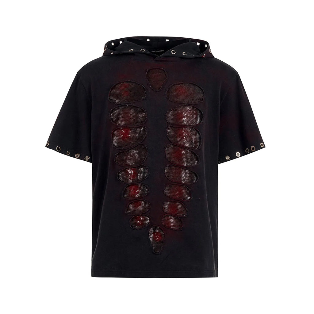 Black loose-fit men's hooded sequin T-shirt on a hanger