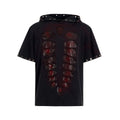 Black loose-fit men's hooded sequin T-shirt on a hanger