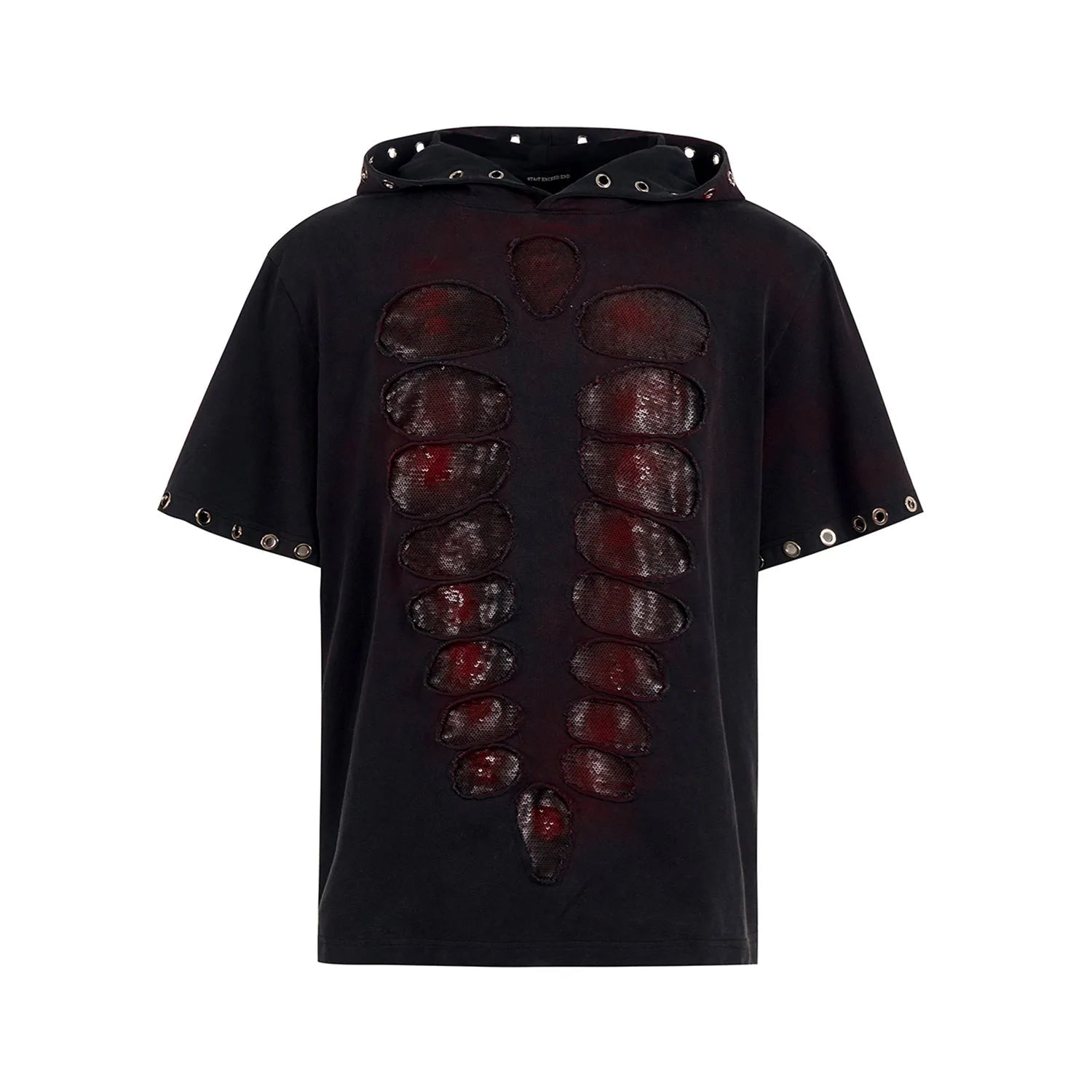 Black loose-fit men's hooded sequin T-shirt on a hanger