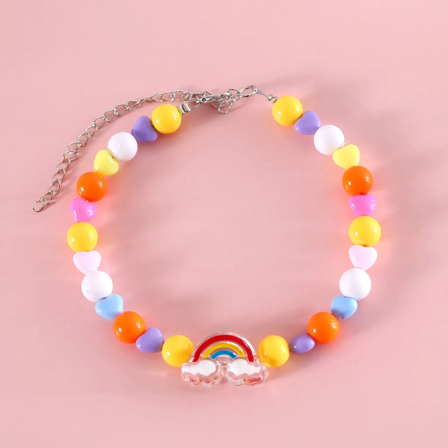 Colourful plastic bead cat collar with adjustable sizing in peach, rainbow, or small flower patterns