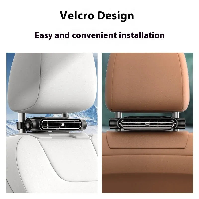 Creative New bladeless car fan with Velcro straps mounted on a car seat headrest.