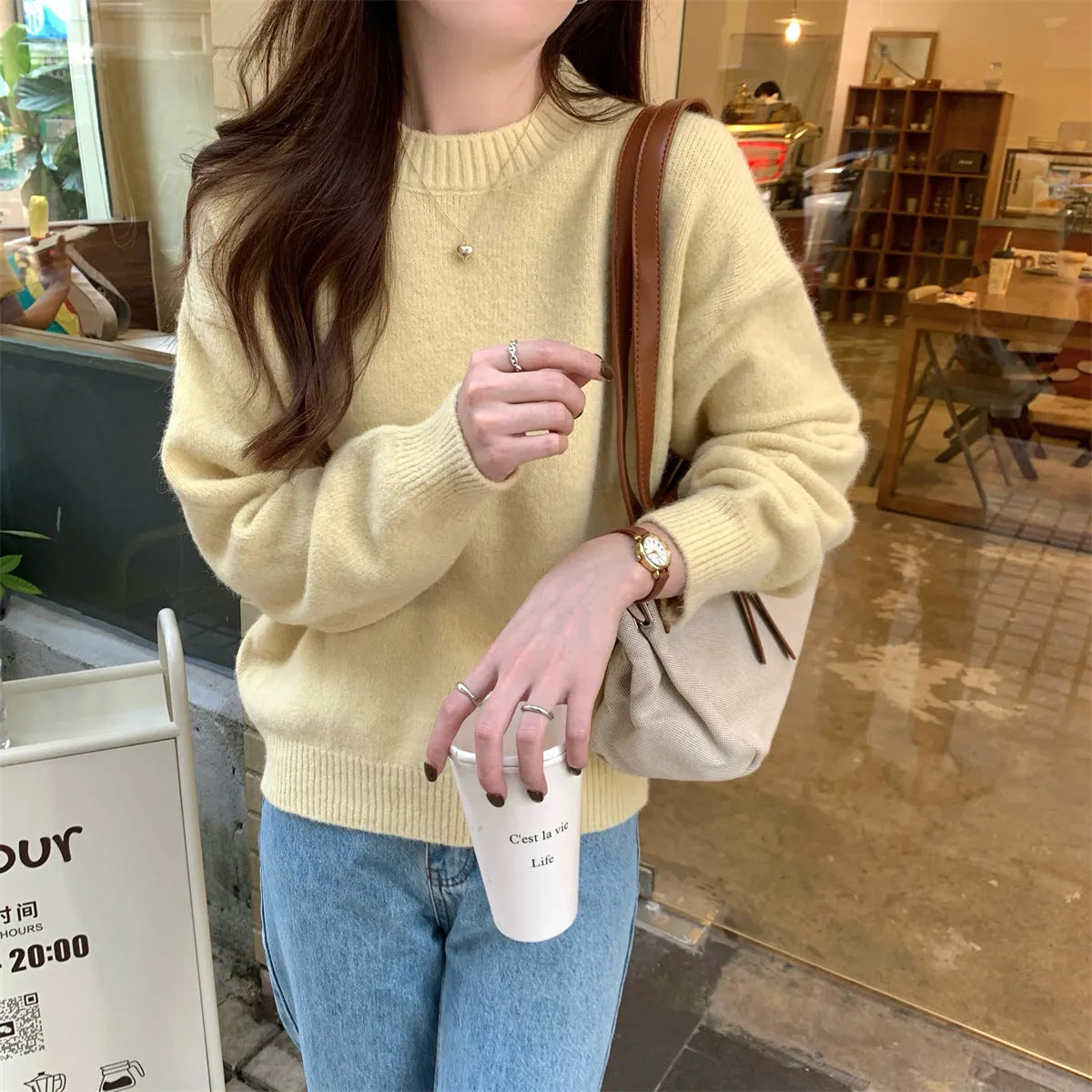 Korean style soft glutinous loose drop-shoulder sleeve sweater in candy colour, solid pattern with wavy elements, acrylic fibre