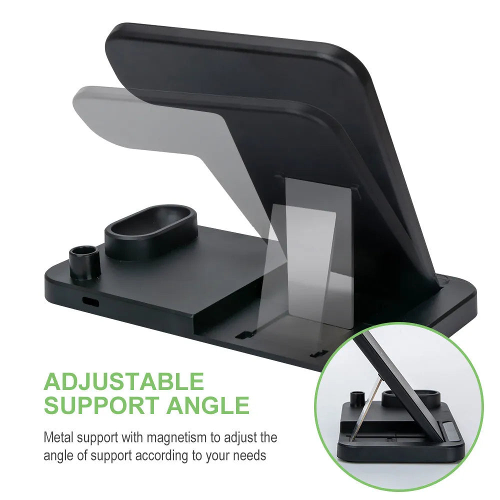 Black foldable 4-in-1 wireless charging stand showing iPhone charging vertically and Apple Pencil on its charging spot.