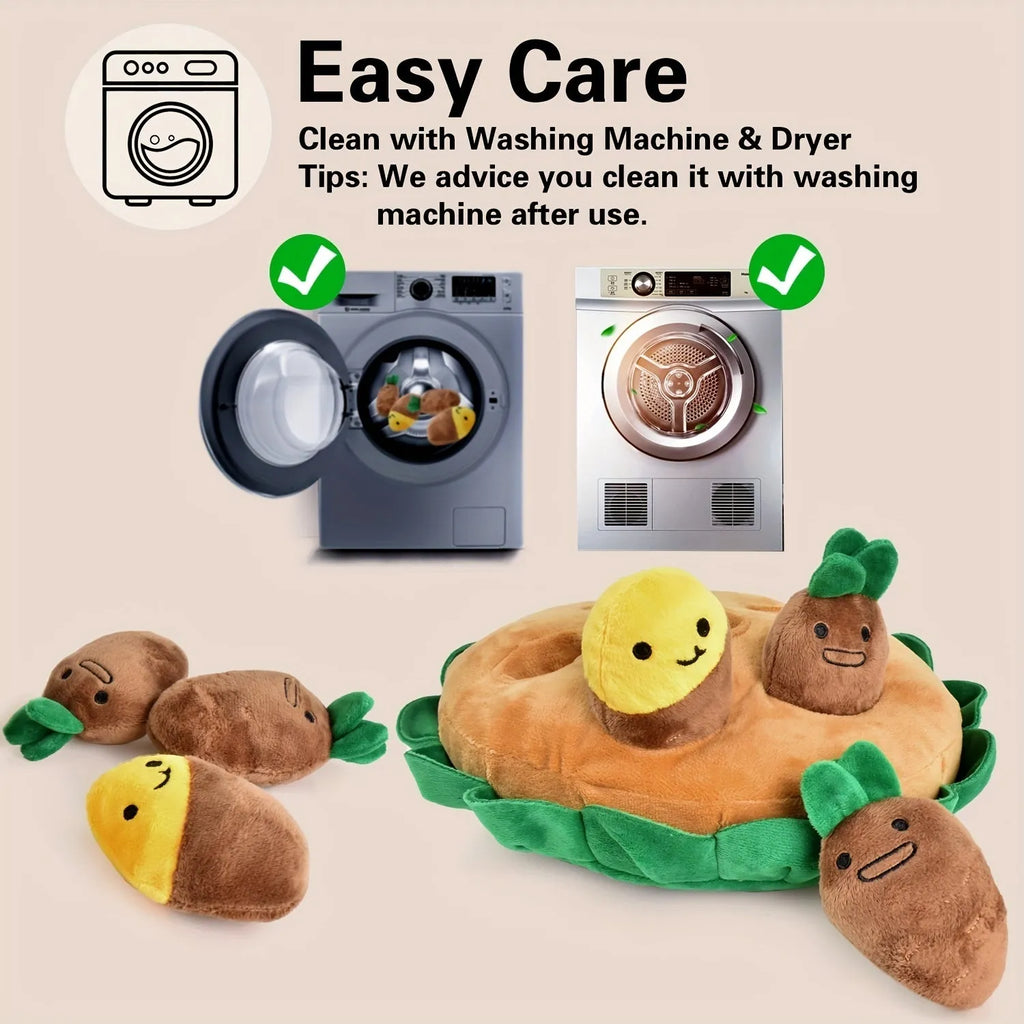 Yellow interactive dog puzzle foraging pad with removable squeaky plush toys on a 40 cm square polyester base.