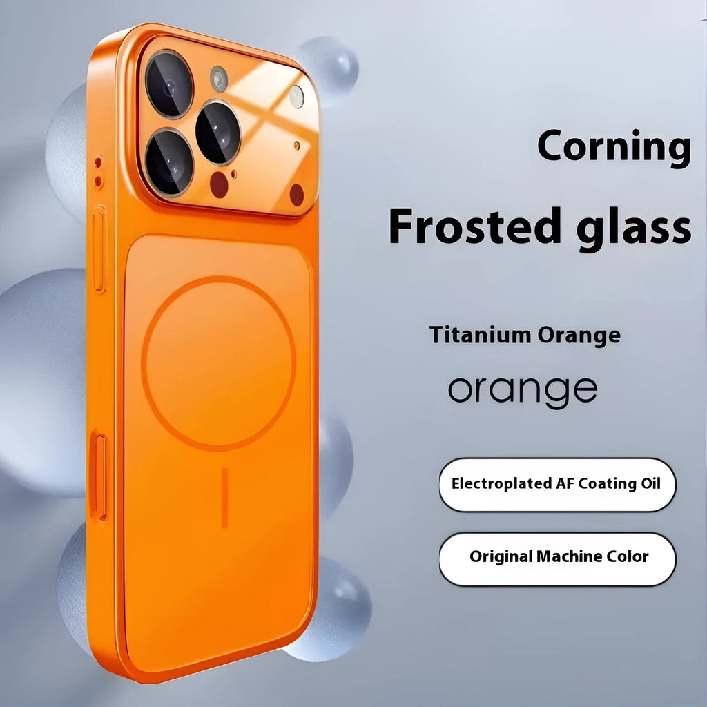 Frosted tempered glass magnetic phone case for iPhone on a table, shown in orange colour.