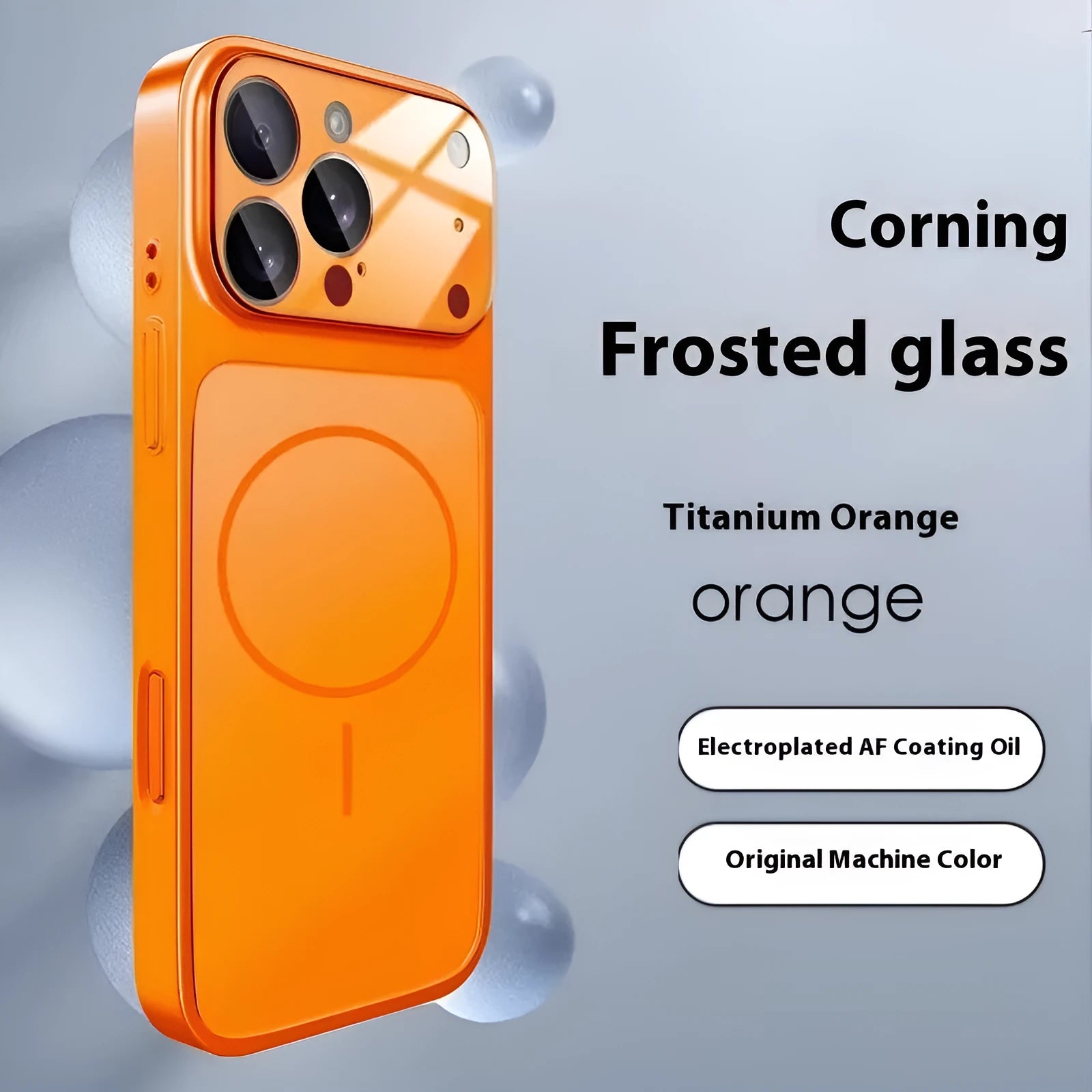 Frosted tempered glass magnetic phone case for iPhone on a table, shown in orange colour.