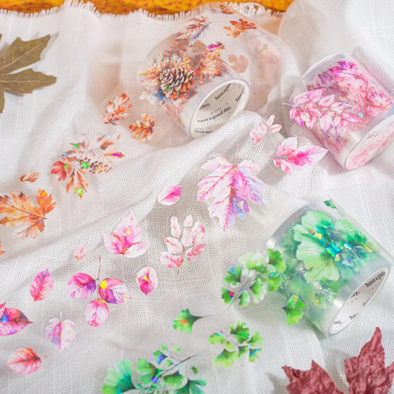 Decorative sticker roll with six natural leaf designs including ginkgo and maple patterns for hand accounts