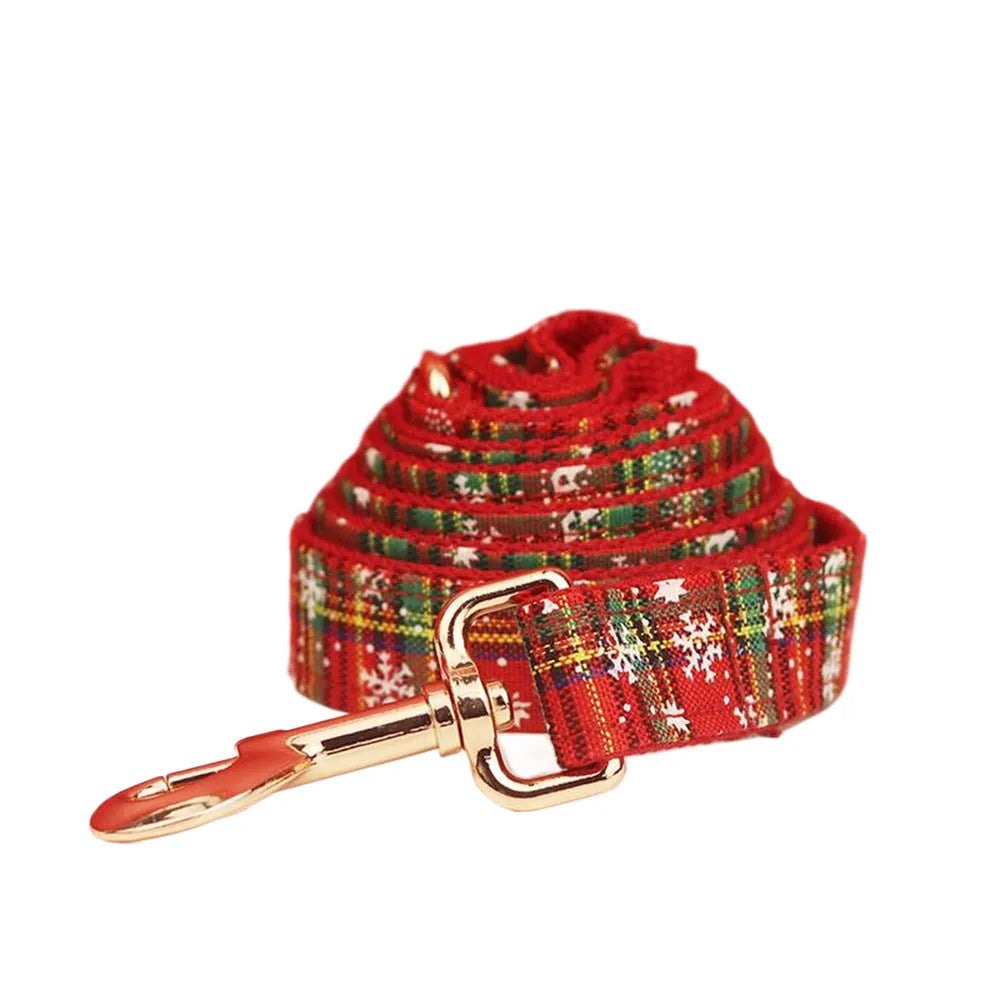 Red plaid snowflake Christmas dog collar, leash, vest and bow four-piece set