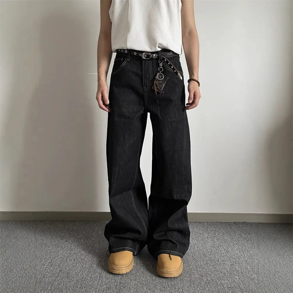 Black retro wide-leg jeans with straight-leg silhouette and mid-waist design