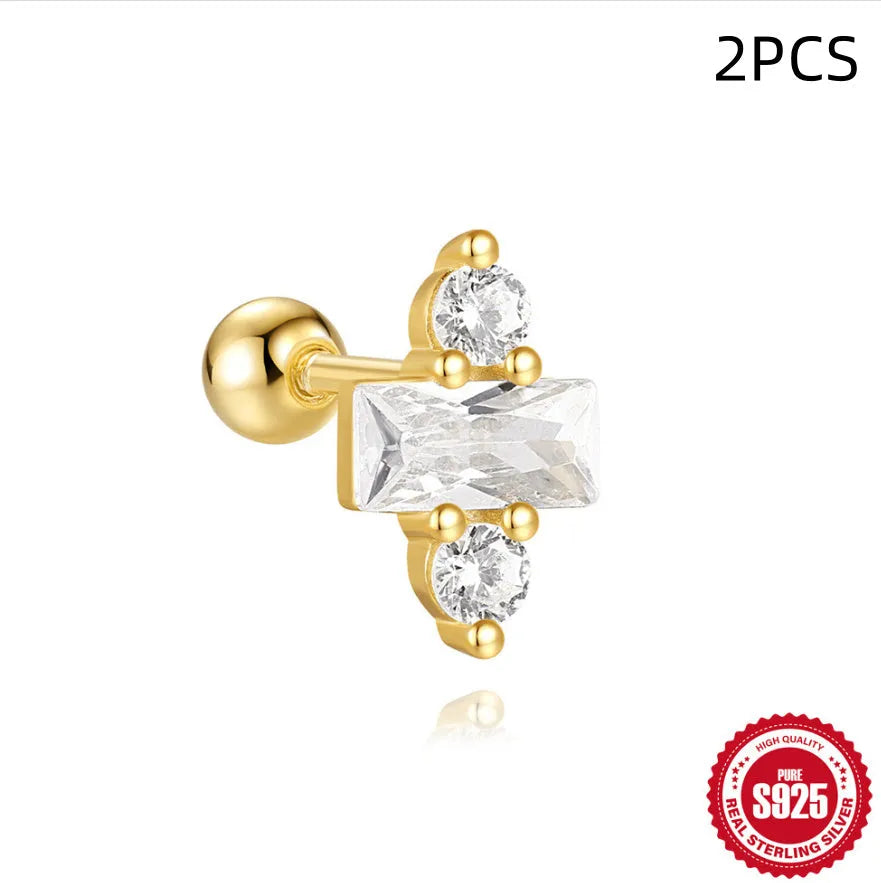 S925 sterling silver flower-shaped stud earrings with square gravel texture in gold electroplated colours