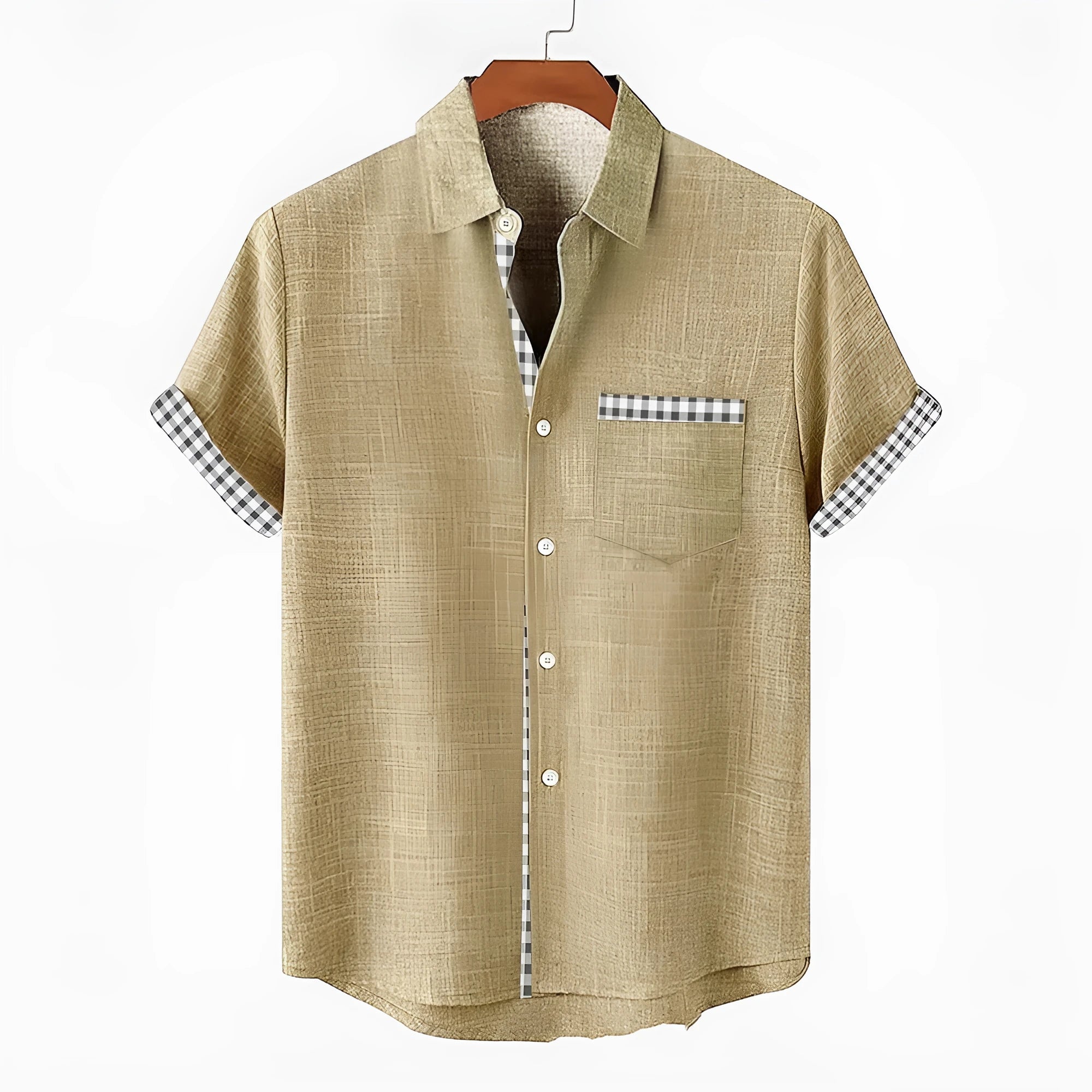 Loose-fit linen short-sleeved shirt with an ocean fish pattern on the lapel.