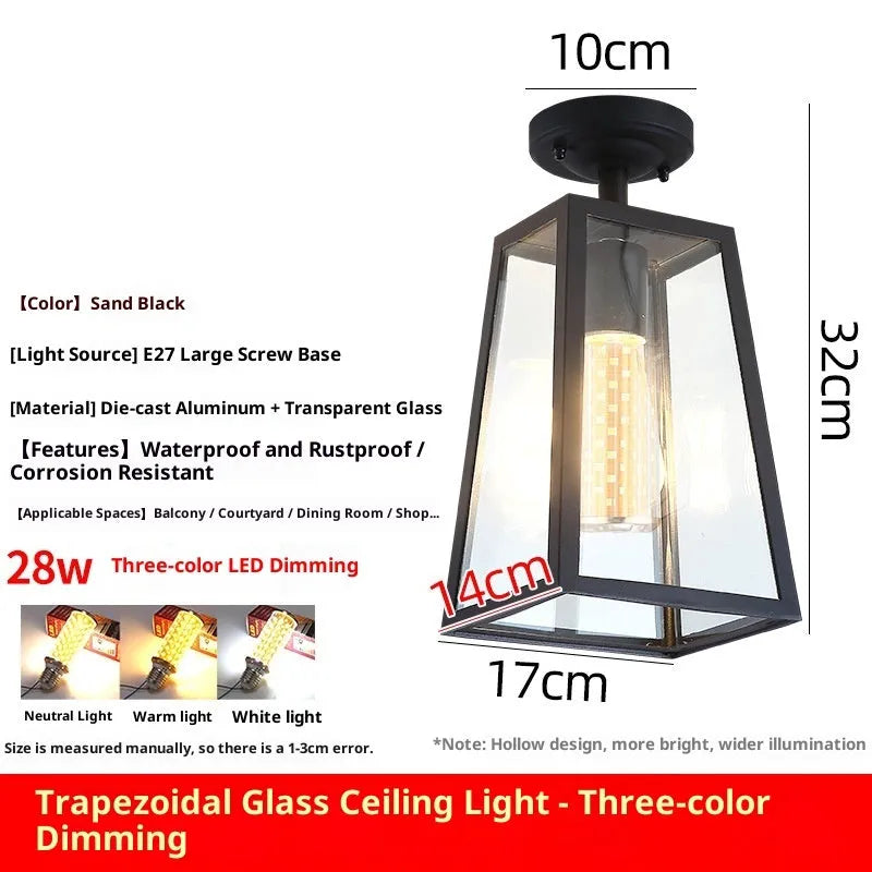 Sand black outdoor chandelier with trapezoidal glass shade, 45cm, 220V, for corridor and courtyard.