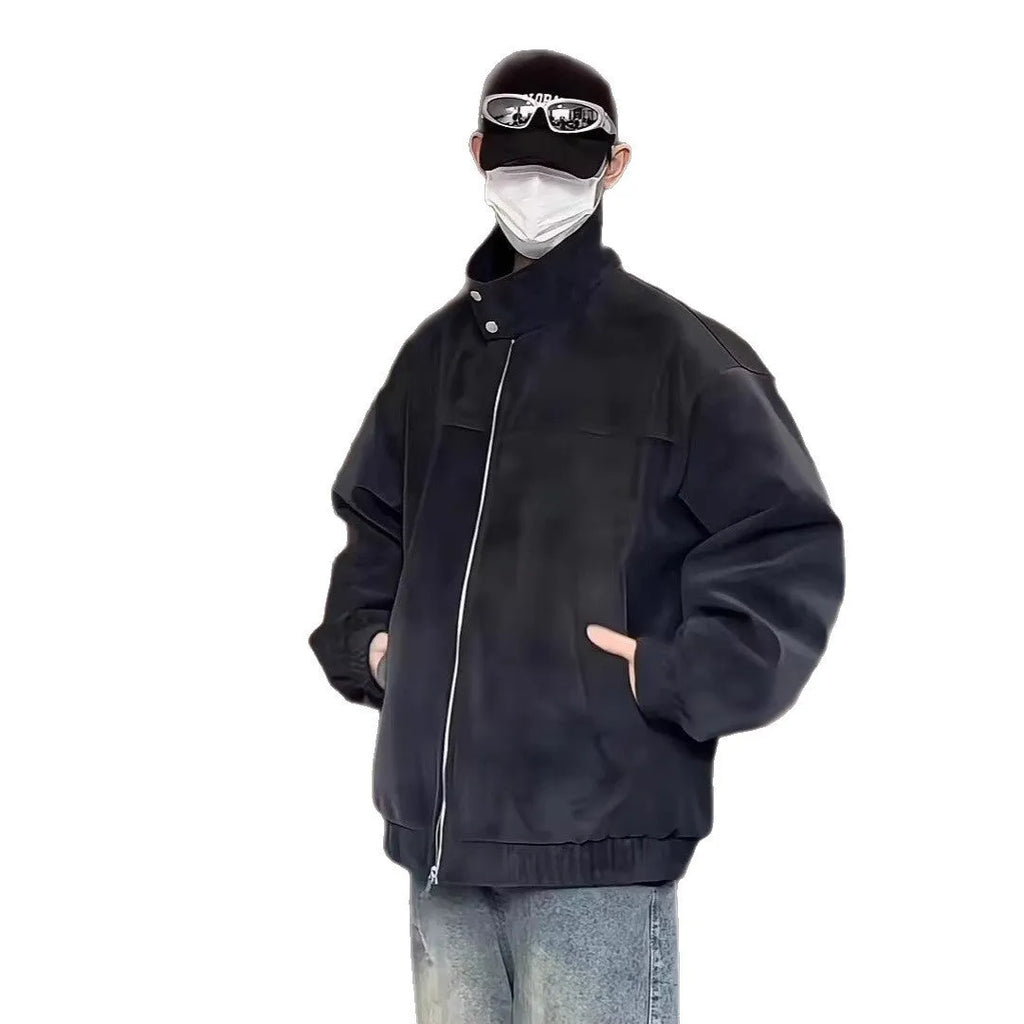 Man modelling a grey tie-dyed PU leather jacket with a stand collar and side pockets.