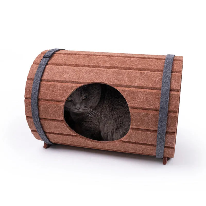 Assembled wine barrel shaped cat bed made from brown polyester fibre felt pieces