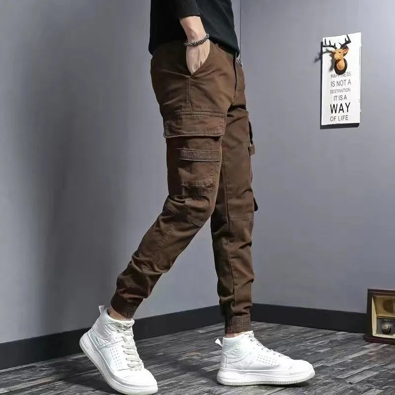 Men's slim fit elastic waist denim work pants in coffee colour, cotton fabric, nine tenths length