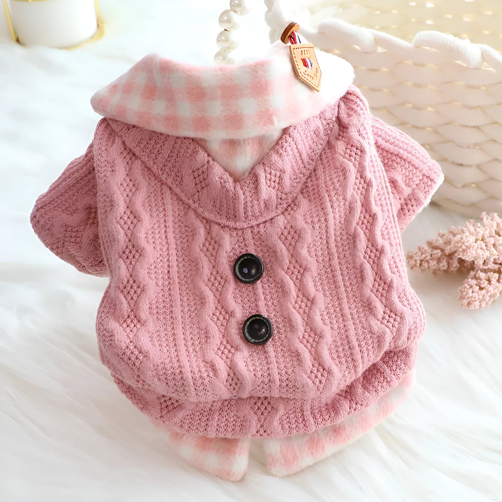 Blue plaid fleece-lined wool dog sweater with a fake two-piece design on a small dog.