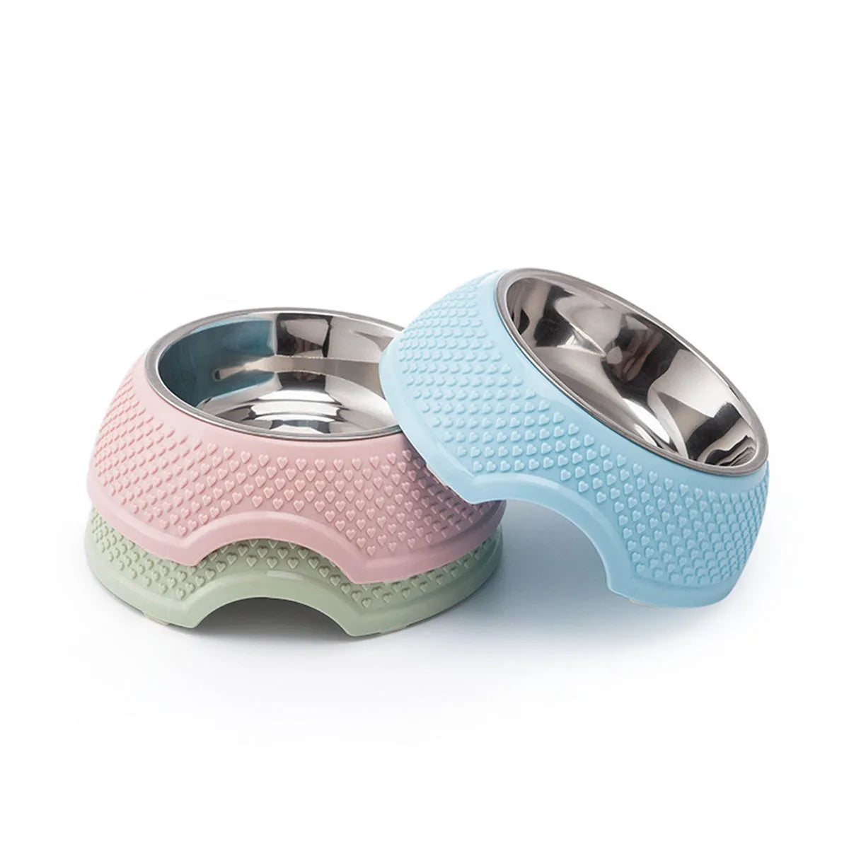 Stainless steel pet bowl with coloured non-slip base in blue, green, or pink.