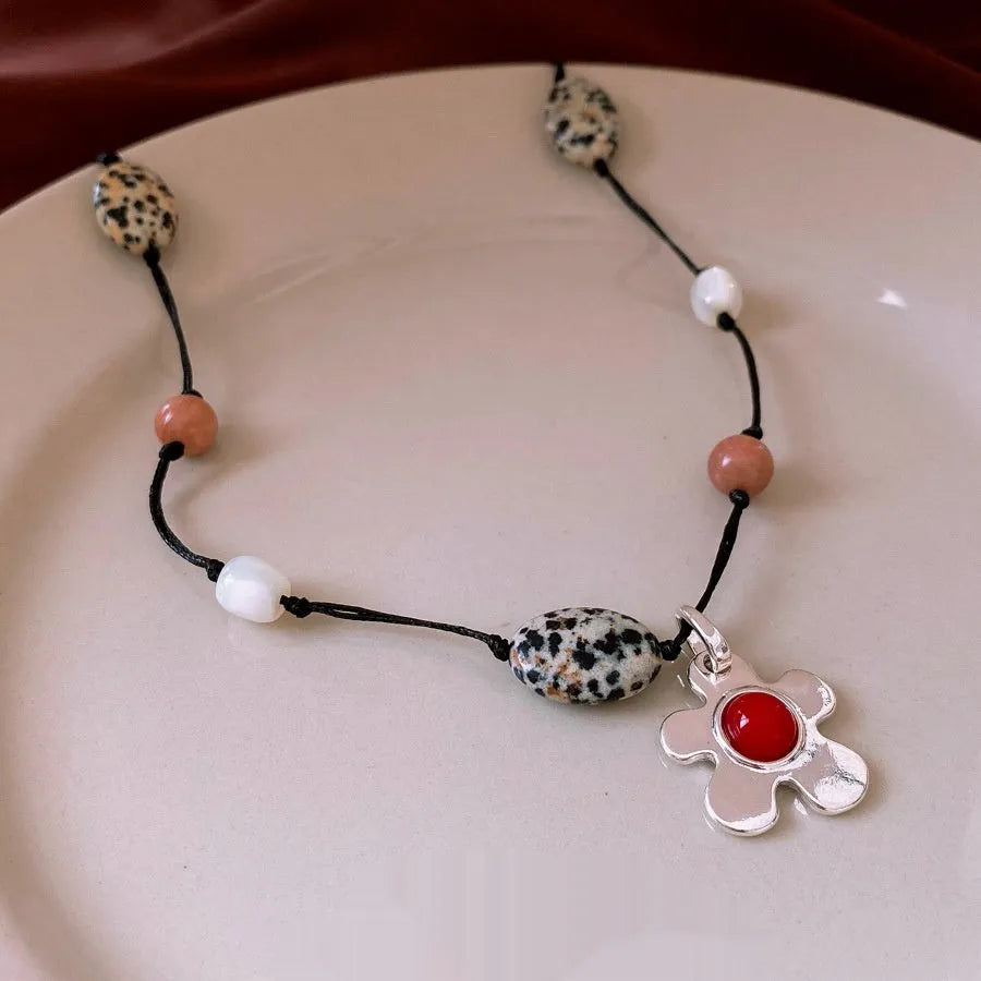Ethnic flower pendant necklace with adjustable 51-60cm chain, stone shell beads, and electroplated alloy construction