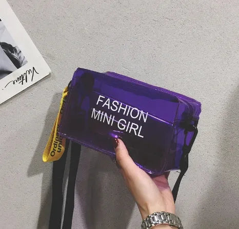 Transparent square jelly crossbody bag for women with an adjustable strap, shown in various colours.