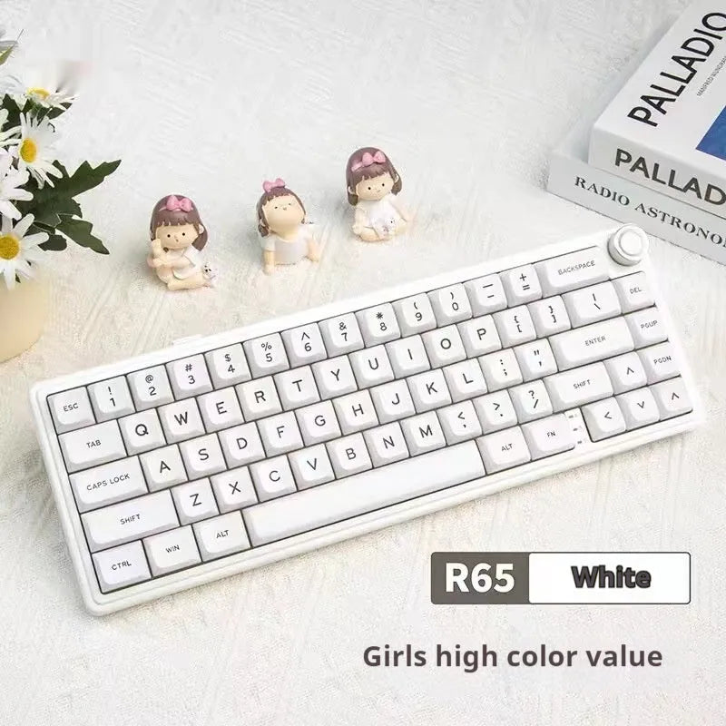 White portable wireless mechanical keyboard with RGB backlighting on a desk
