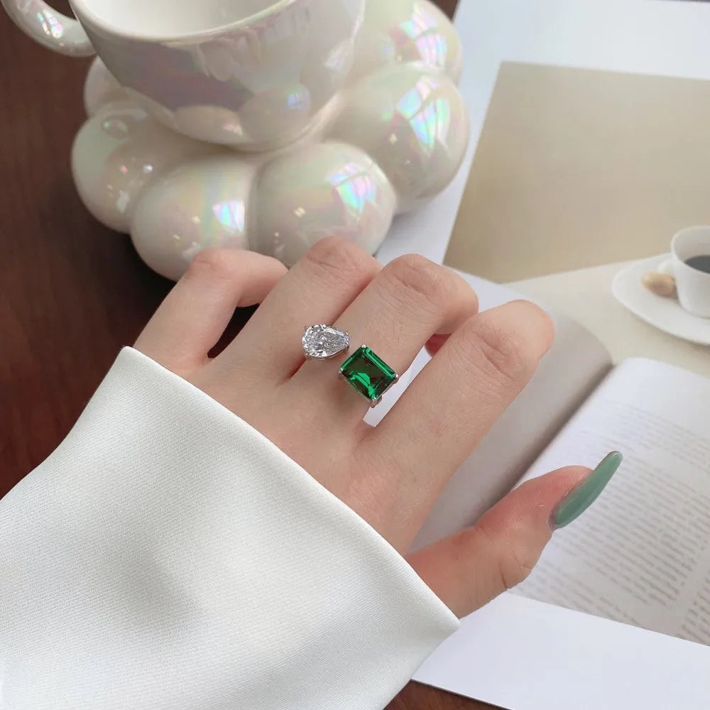 S925 sterling silver emerald zircon ring for women with adjustable open band and geometric round, oval and square grain design