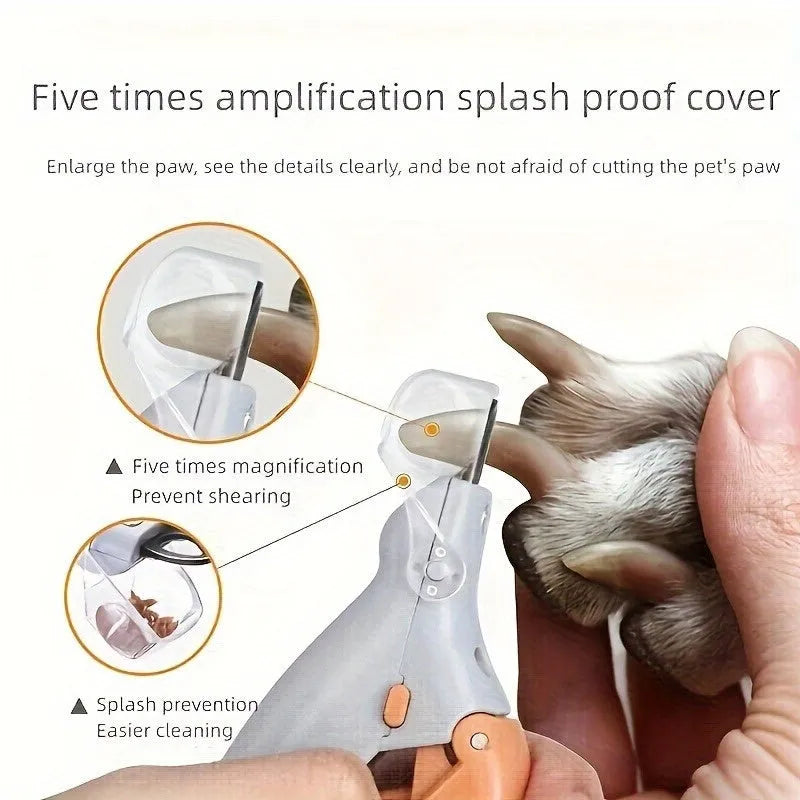 Yellow LED pet nail trimmer with magnifying glass and light for trimming cat and dog claws