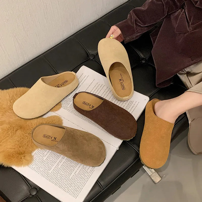 Korean style square toe flat slippers in apricot colour with microfiber upper.