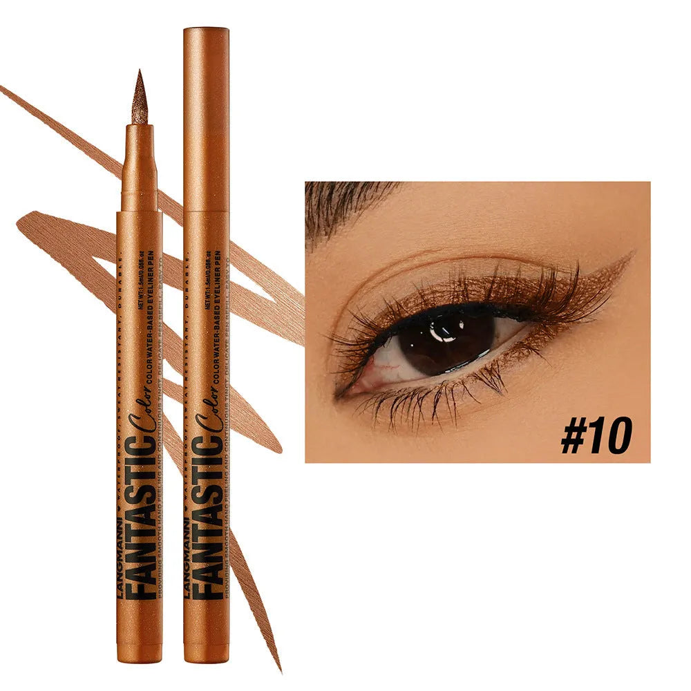 Matte anti-smudge liquid eyeliner in twelve colours including white, gold, purple, brown, blue, and iron grey