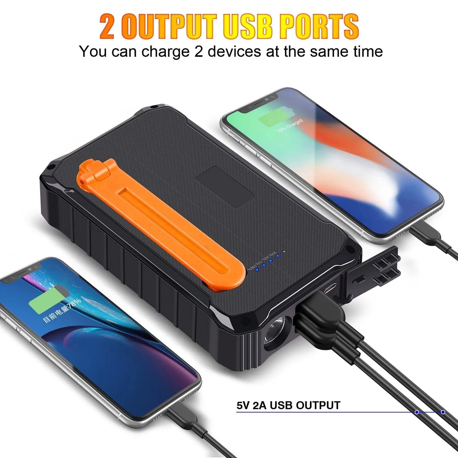 Green and orange hand crank solar power bank with unfolded solar panel and dual USB ports