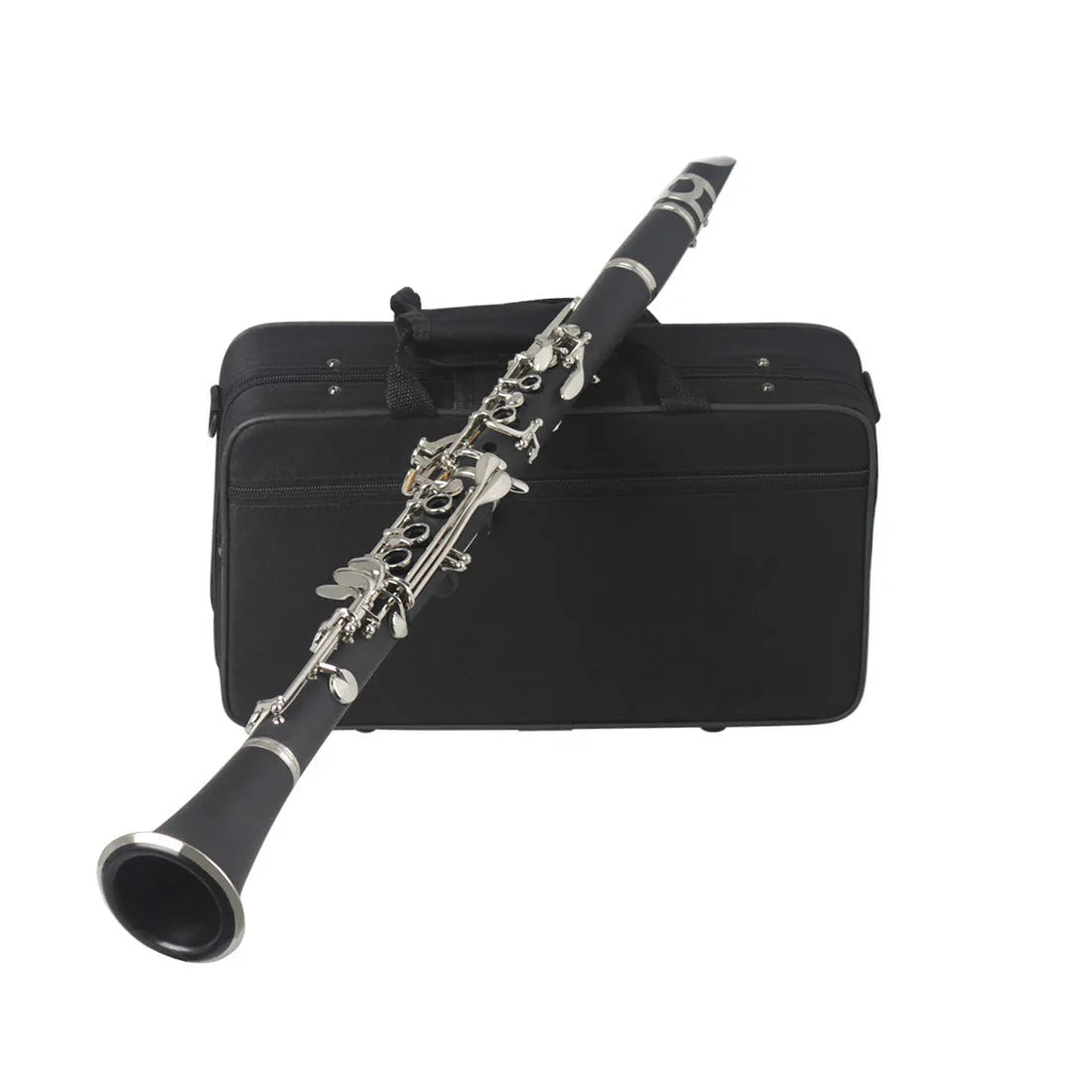 Black beginner B-flat clarinet with 17 nickel keys and a Bakelite body next to its carrying bag.