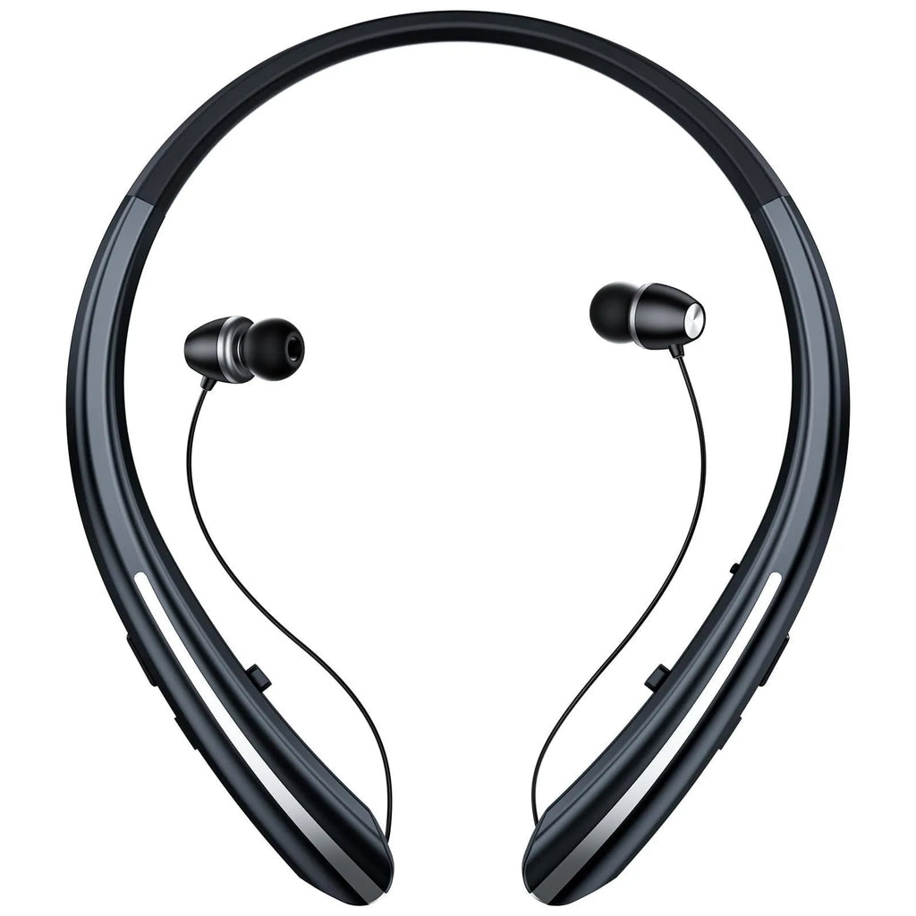 Wireless sport headphones in black and blue with hanging-neck design and digital display