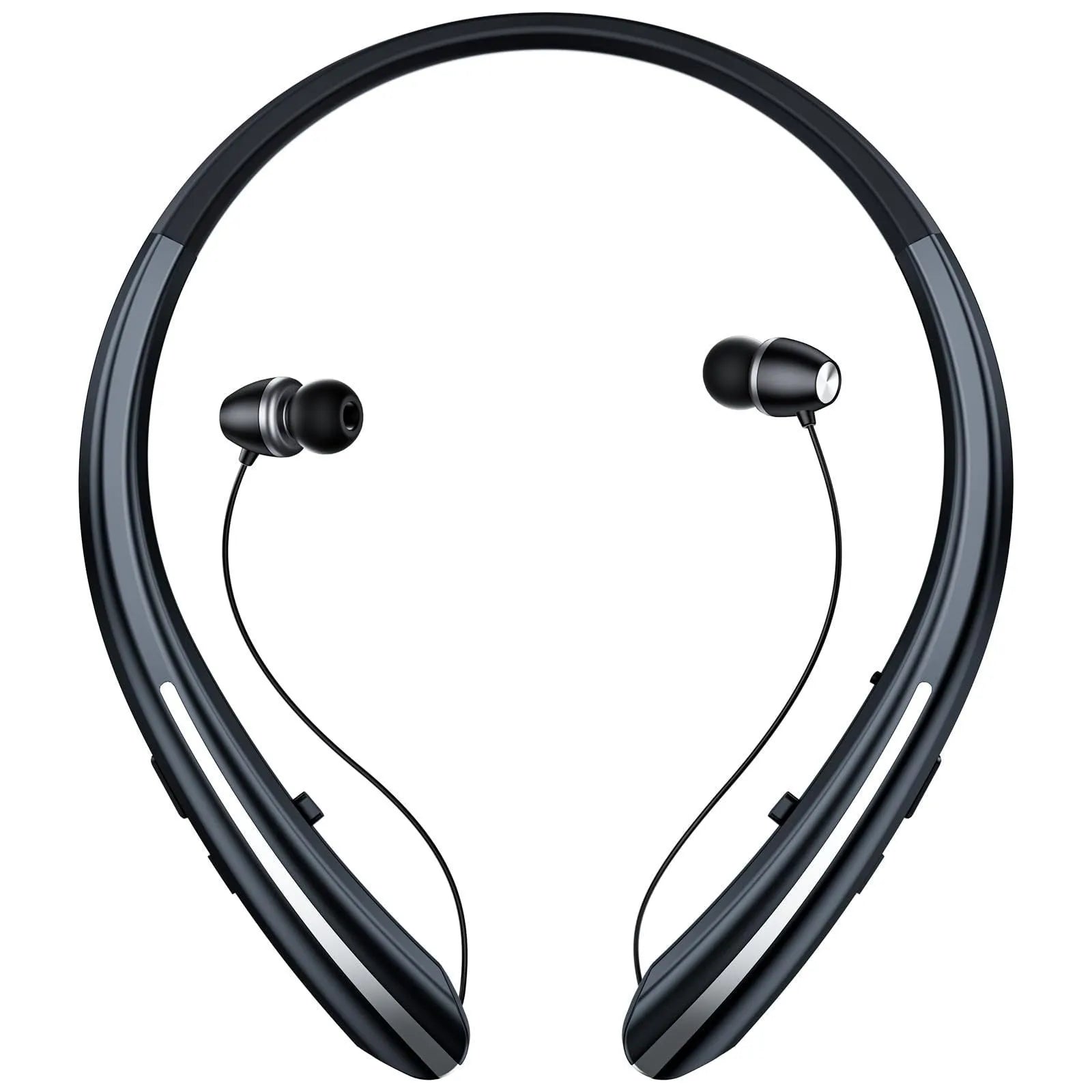 Wireless sport headphones in black and blue with hanging-neck design and digital display