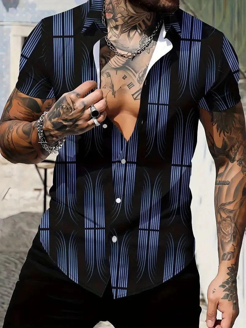 Men's slim fit geometric print short sleeve shirt with lapel collar in a light colour.