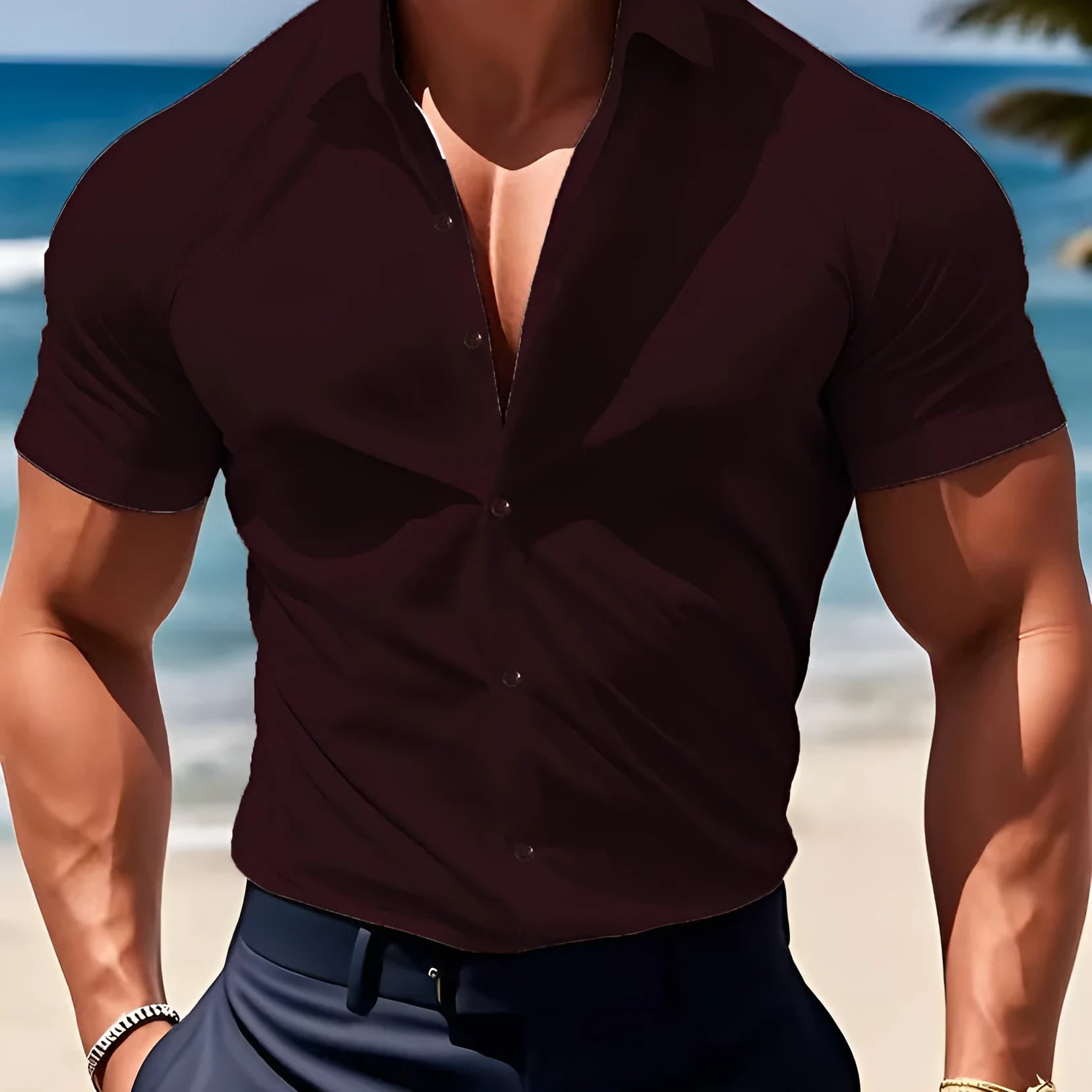 Men's short sleeve printed casual shirt in polyester with collar and cardigan style
