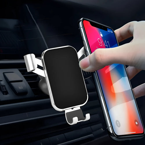 Car aluminium alloy mobile phone holder electroplated finish in black on car dashboard