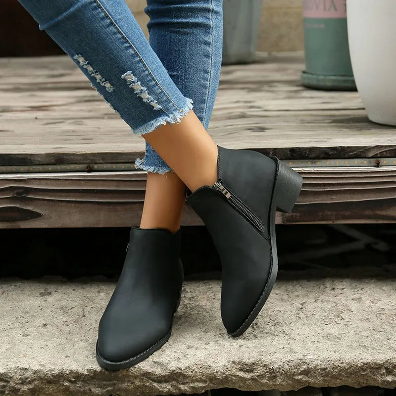Women's suede ankle boots with side zipper and chunky low heel, in off-white, black, or khaki