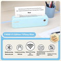 Ailixiong P40 small portable thermal printer in Tiffany Blue and White colours on a desk.