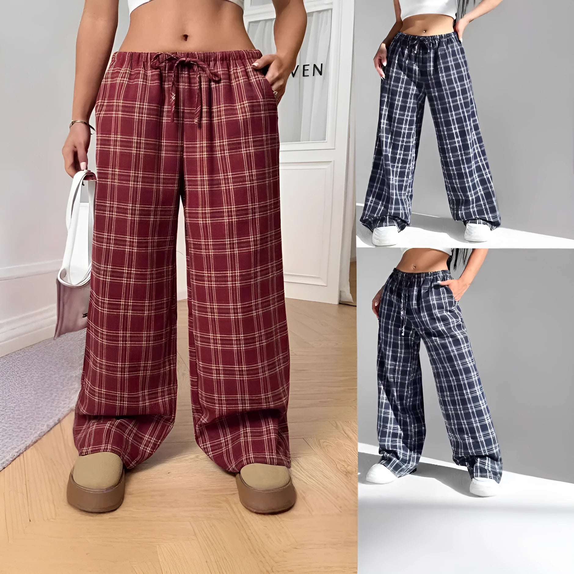 Women's loose fit plaid trousers with a drawstring waist and side pockets, shown in blue.