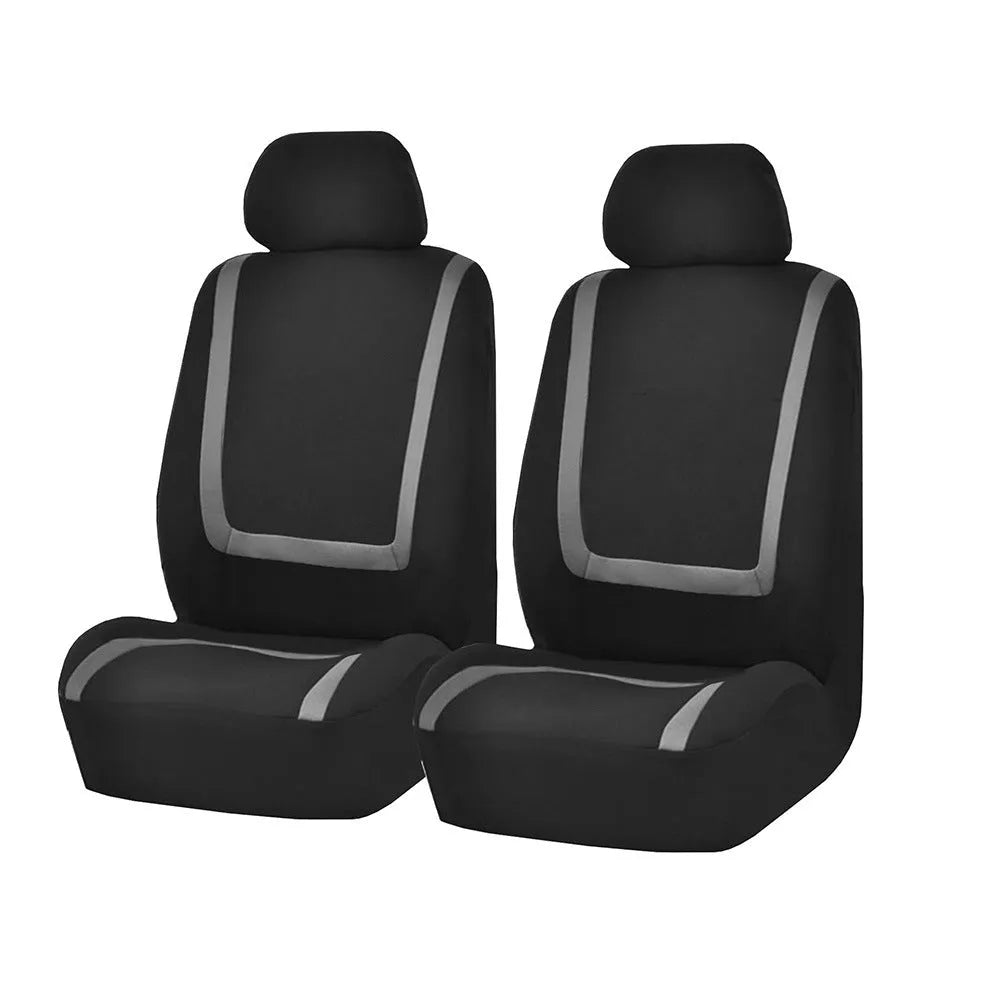 Fully enclosed universal fabric car seat cover set shown in a beige and black colour combination.