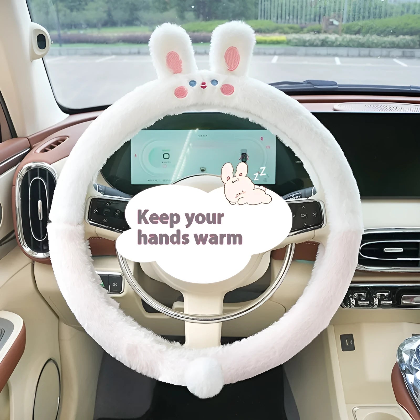 Plush furry steering wheel cover with embroidered panda face, fitted on a car steering wheel.