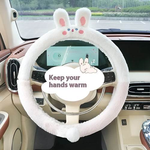 Plush winter car steering wheel cover with embroidered cartoon panda design for 38cm steering wheels.