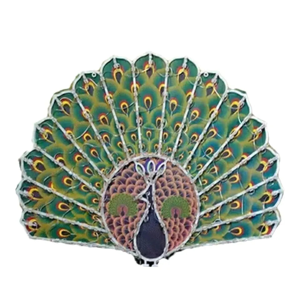 Outdoor decorative string lights with peacock, love heart, sunflower, and star shapes in colourful plastic shells