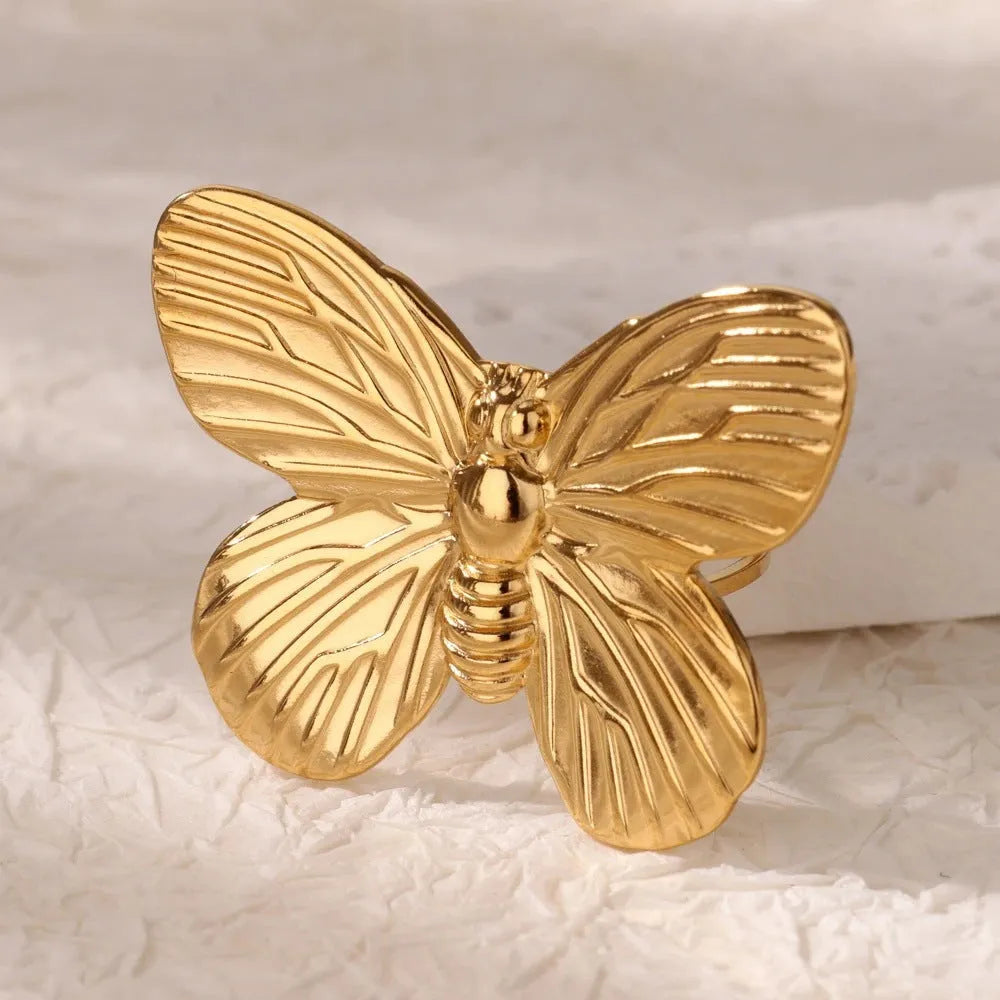 Stainless steel open mouth hollow flower ring for women in gold finish
