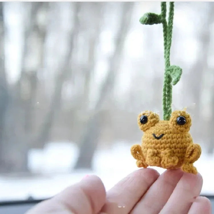 Handmade woven frog car pendant in plush material with green colour option