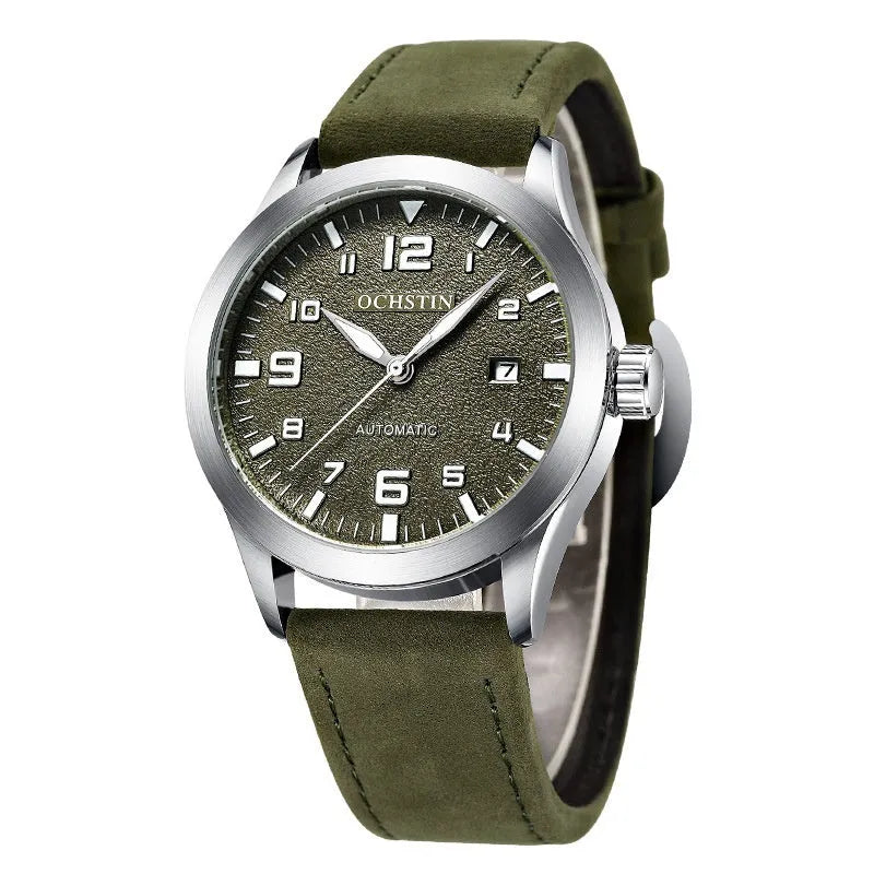 Men's automatic mechanical watch with leather strap on wrist, showing classic dial options.