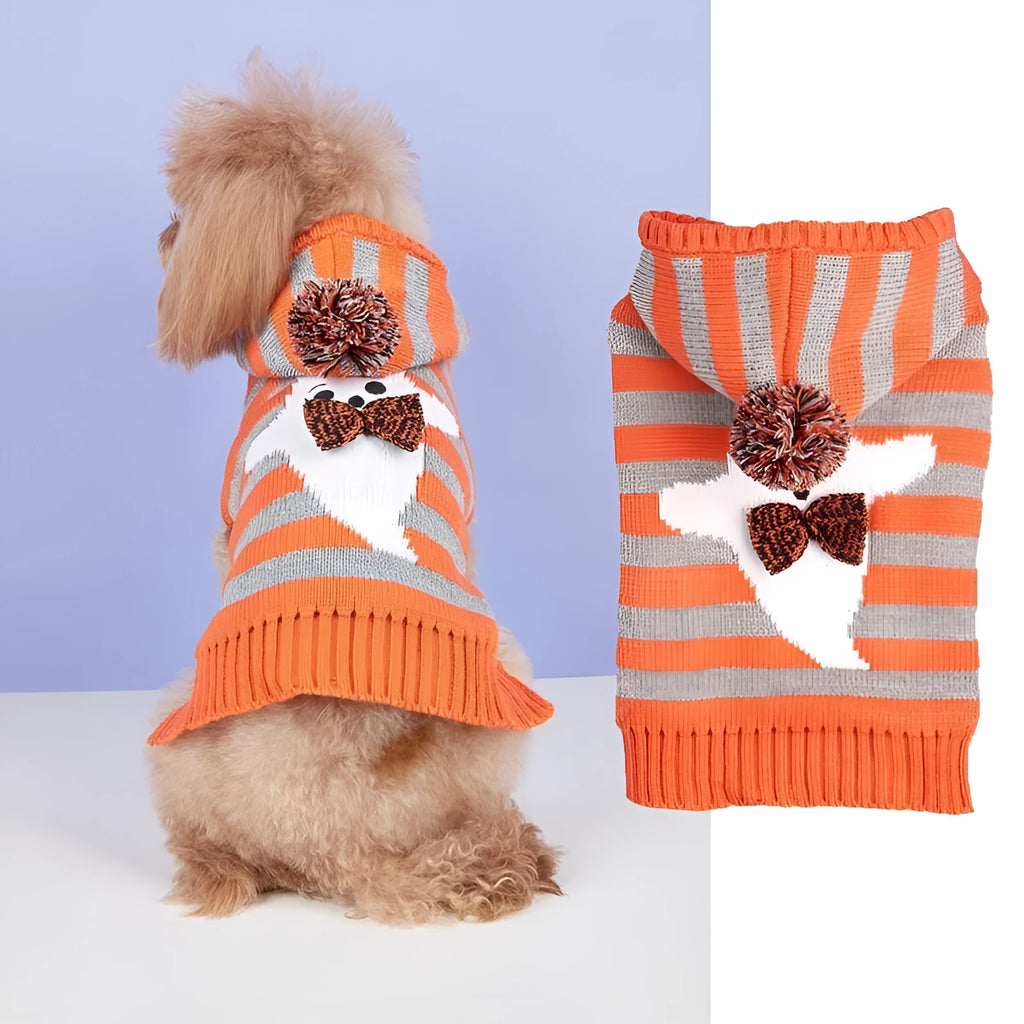 Orange Halloween knitted pet sweater with striped pattern and hooded design featuring fur ball decoration