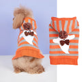 Orange Halloween knitted pet sweater with striped pattern and hooded design featuring fur ball decoration